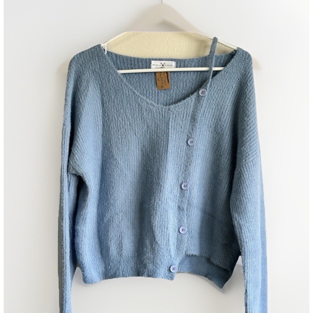Rebels & Lovers Women's Large Plush Crop Blue Sweater Off Shoulder Long Sleeve